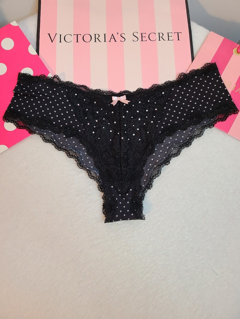 Y2K VS Dream Angels Silky Nylon Lace Rhinestone Bling Cheeky Panty Size M
